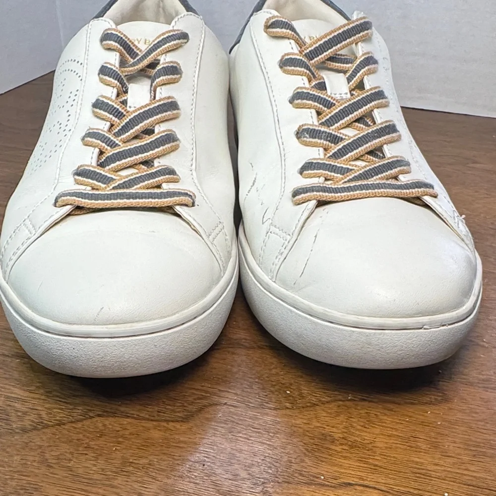 Tory Burch Leigh T-logo White Leather Sneakers w/ Perforated Logo, Womens sz 10